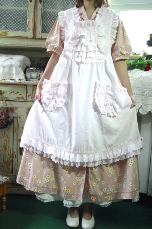 빼곡한 이중 러플 레이스 초원의 집 레이어드 드레스 &amp; 에이프런 ( 베이비핑크) 새상품