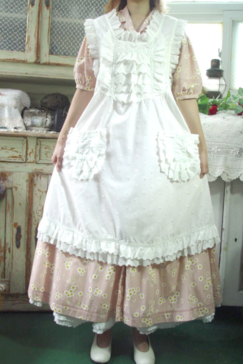 빼곡한 이중 러플 레이스 초원의 집 레이어드 드레스 &amp; 에이프런 (아이보리)새상품
